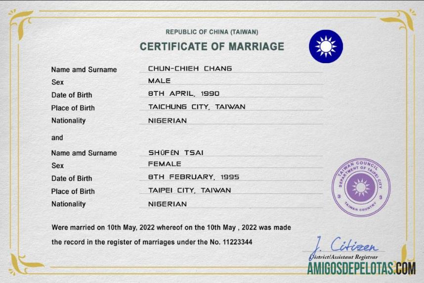 Imprimível modelo PSD de certidão de casamento de Taiwan
